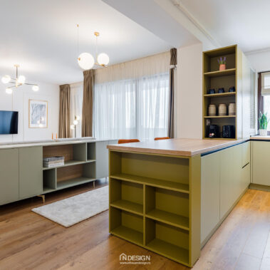 insula bucătărie cu scaune bar amenajare apartament modern Embassy Residence București