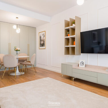 mobilier living custom verde olive cu accente aurii design interior apartament modern București