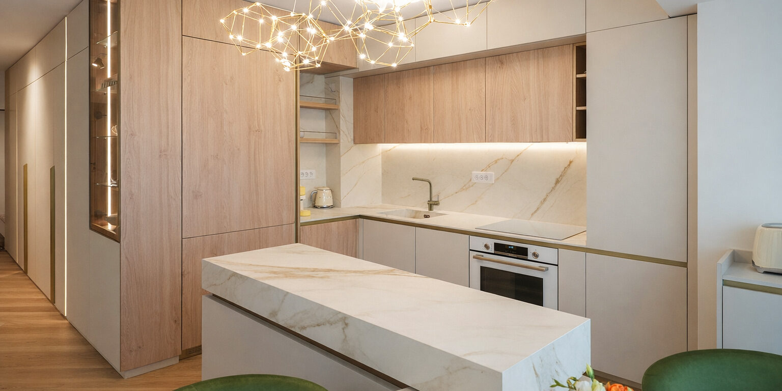 design interior bucătărie apartament cu mobilier custom și depozitare integrată